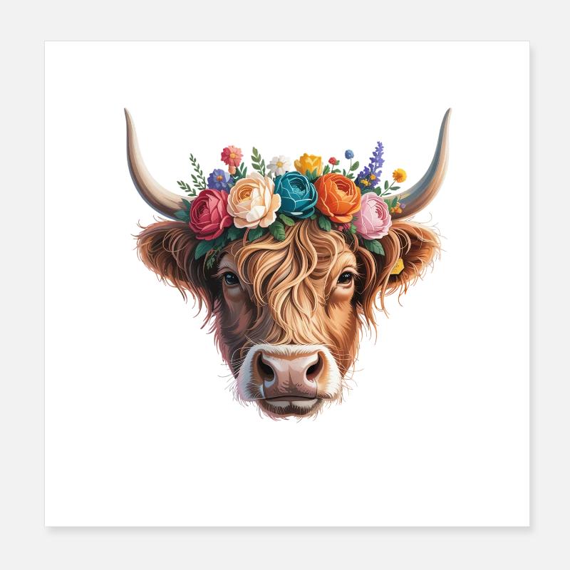 Kuh mit Blumenkrone Poster 20x20 cm
