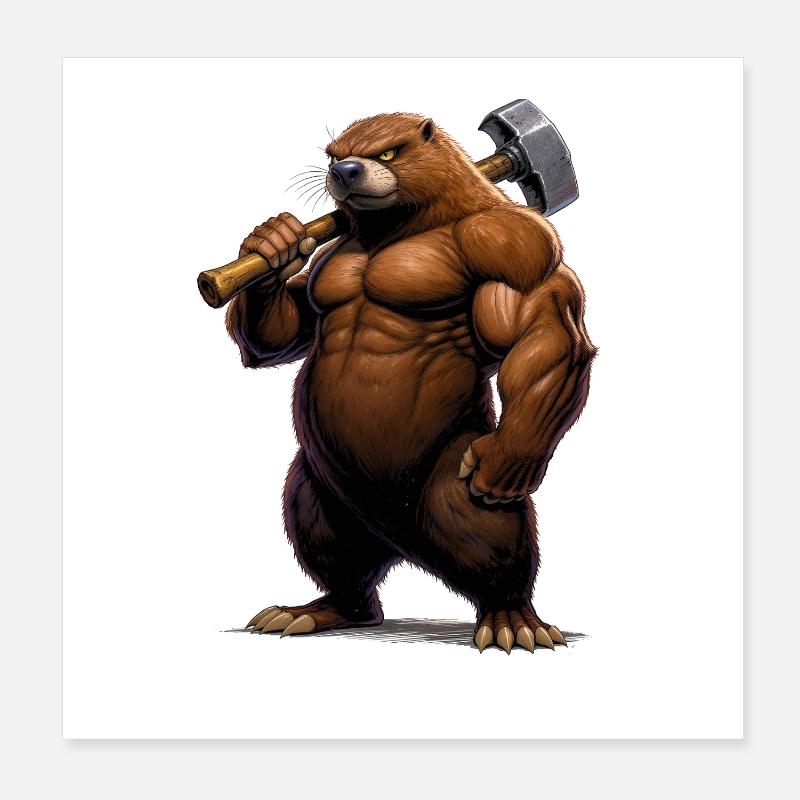 Muscular comic mole with hammer Poster 8" x 8" (20x20 cm)