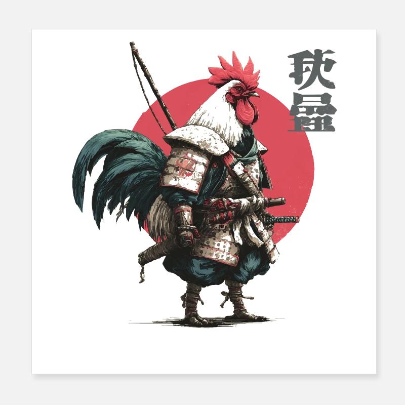 Rooster Samurai in Crimson Circle Poster 8" x 8" (20x20 cm)
