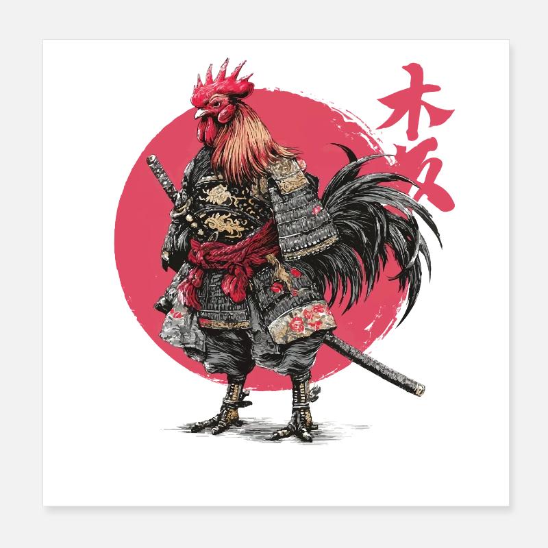 Rooster Samurai Armor Illustration Poster 8" x 8" (20x20 cm)