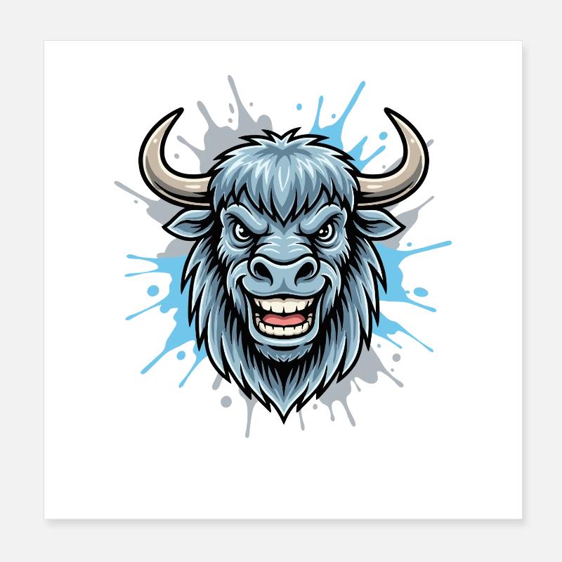 Blue Bison Head Splash Poster 8" x 8" (20x20 cm)