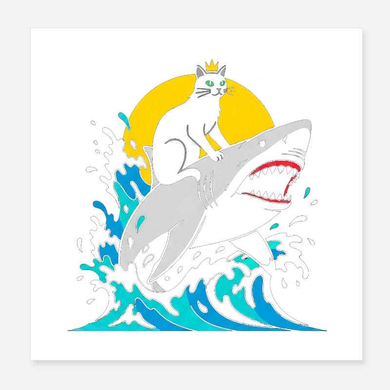 Cat King on Shark Adventure Poster 8" x 8" (20x20 cm)