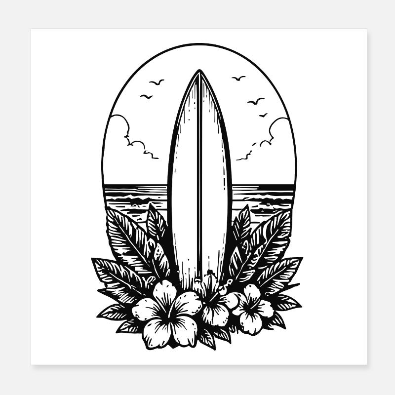 Surfboard Vintage Retro Surfbrett mit Hibiskus Poster 20x20 cm