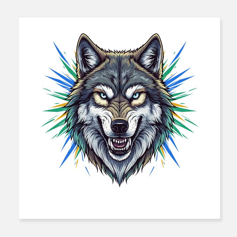 Wolfskopf mit bunten Strahlen Poster 20x20 cm