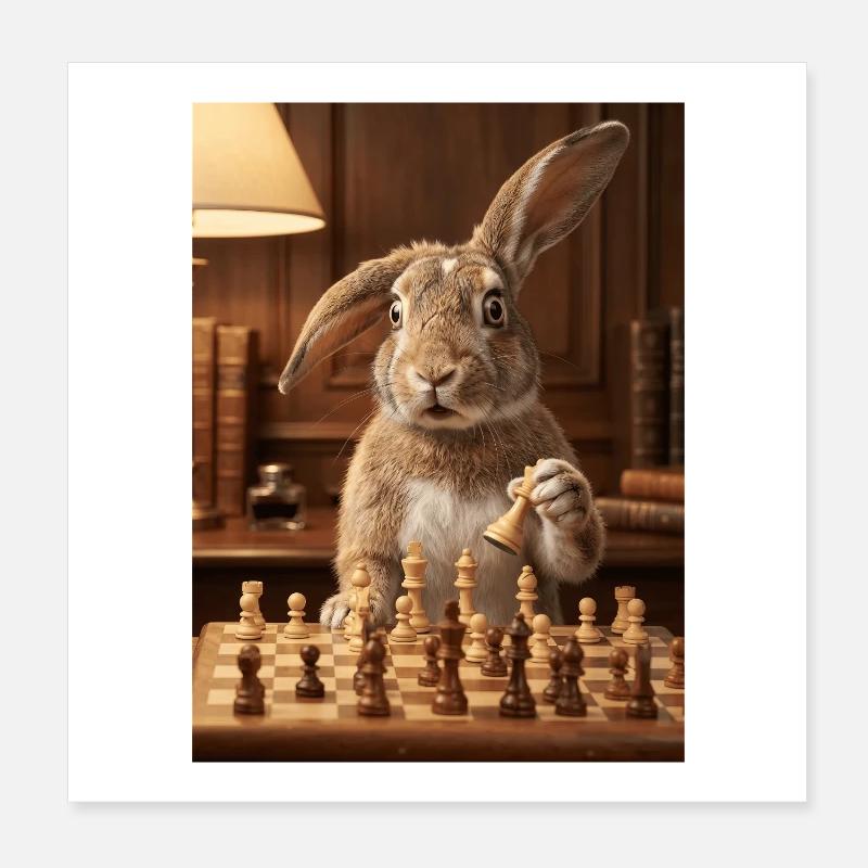 Le lapin jouant aux échecs Poster 20 x 20 cm