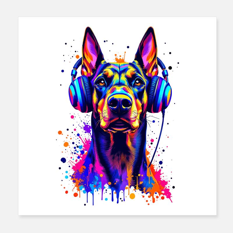 Doberman avec casque Poster 20 x 20 cm