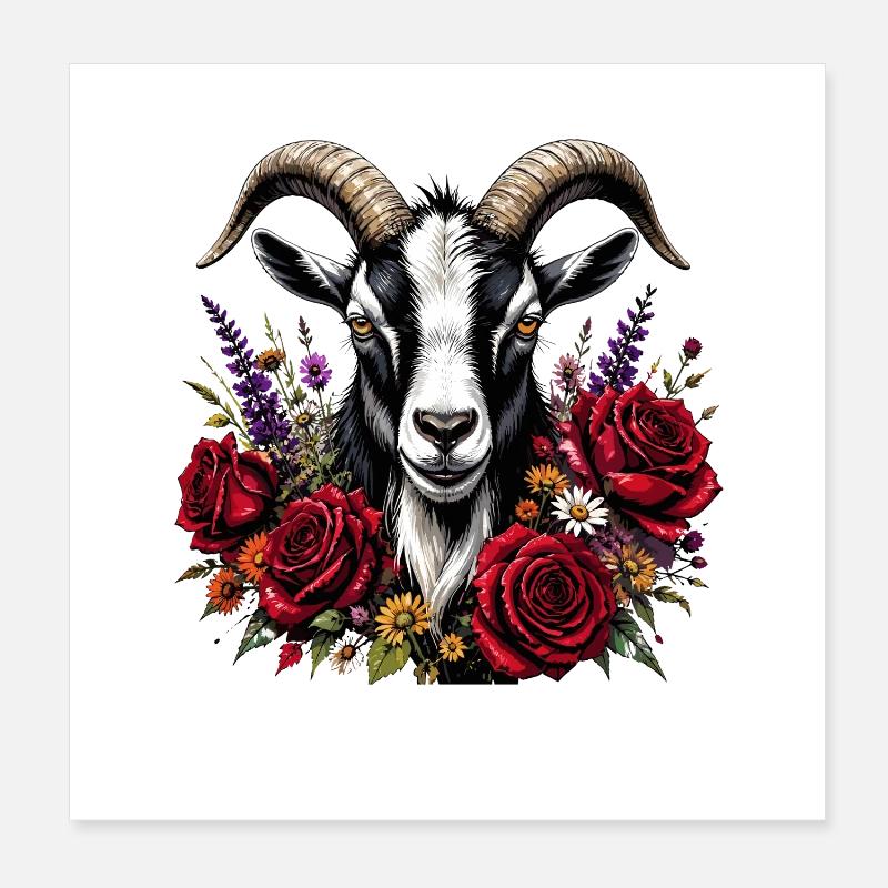 Ziegenkopf mit Rosenblütenkranz Poster 20x20 cm