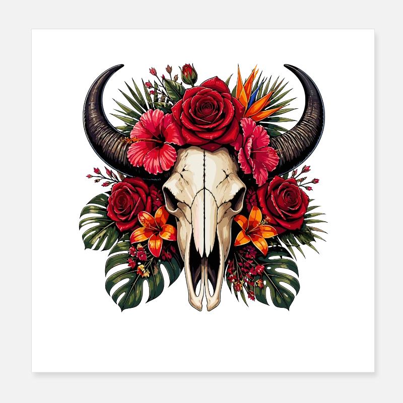 Crâne fleuri avec cornes Poster 20 x 20 cm