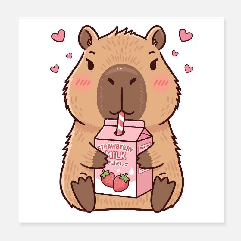 Kawaii Capybara trinken japanische Erdbeermilch Poster 20x20 cm