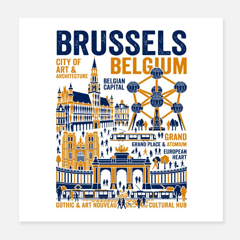 Monuments illustrés de Bruxelles Capitale belge Poster 20 x 20 cm
