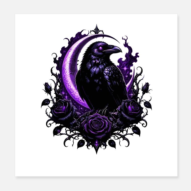 Corbeau lune pourpre avec des roses Poster 20 x 20 cm