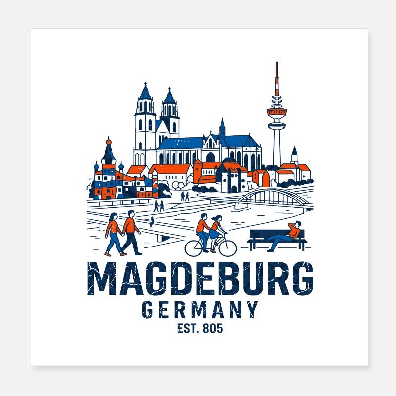 Magdeburg Germany Skyline And Elbe River Poster 8" x 8" (20x20 cm)