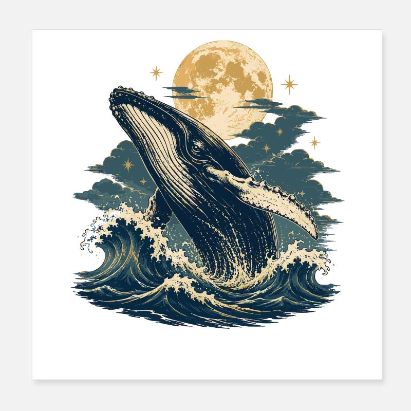Vagues de baleines au clair de lune Poster 20 x 20 cm