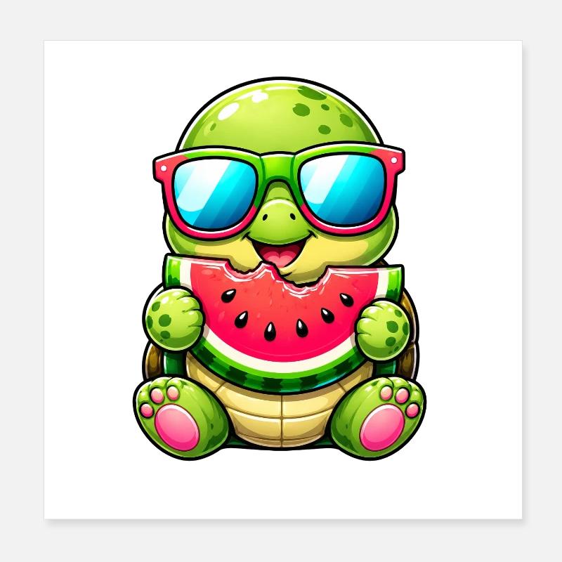 Tortue mignonne avec un motif de dessin animé de pastèque Poster 20 x 20 cm