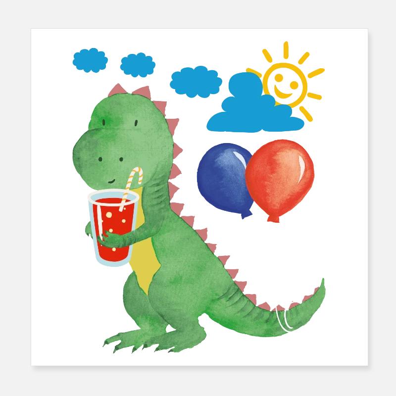 Small dino with refreshment and balloons Poster 8" x 8" (20x20 cm)