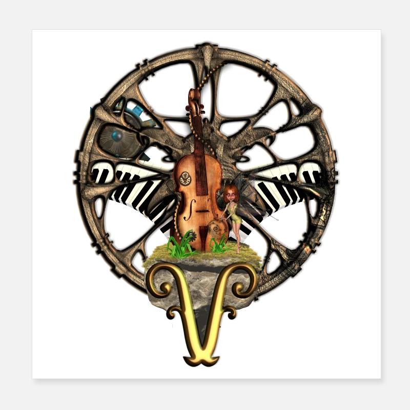 Violon steampunk avec petite fée Poster 20 x 20 cm