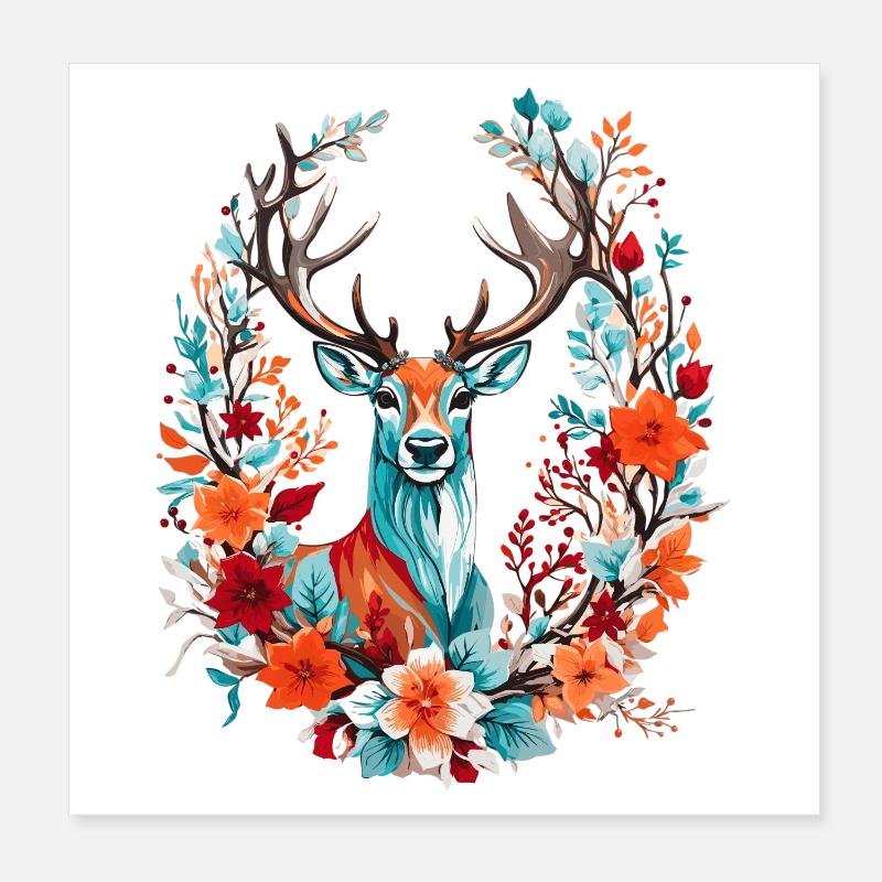 Hirsch mit Blumen Poster 20x20 cm