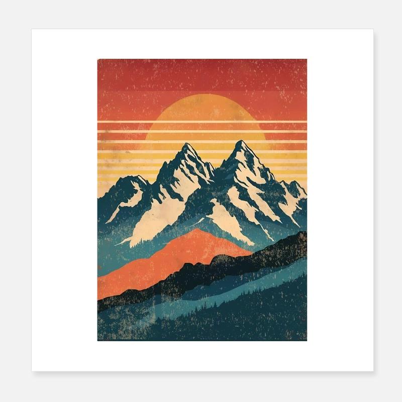 Rétro montagnes avec coucher de soleil Poster 20 x 20 cm