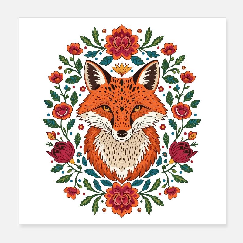Fuchs im Blütenkranz Farbexplosion Poster 20x20 cm