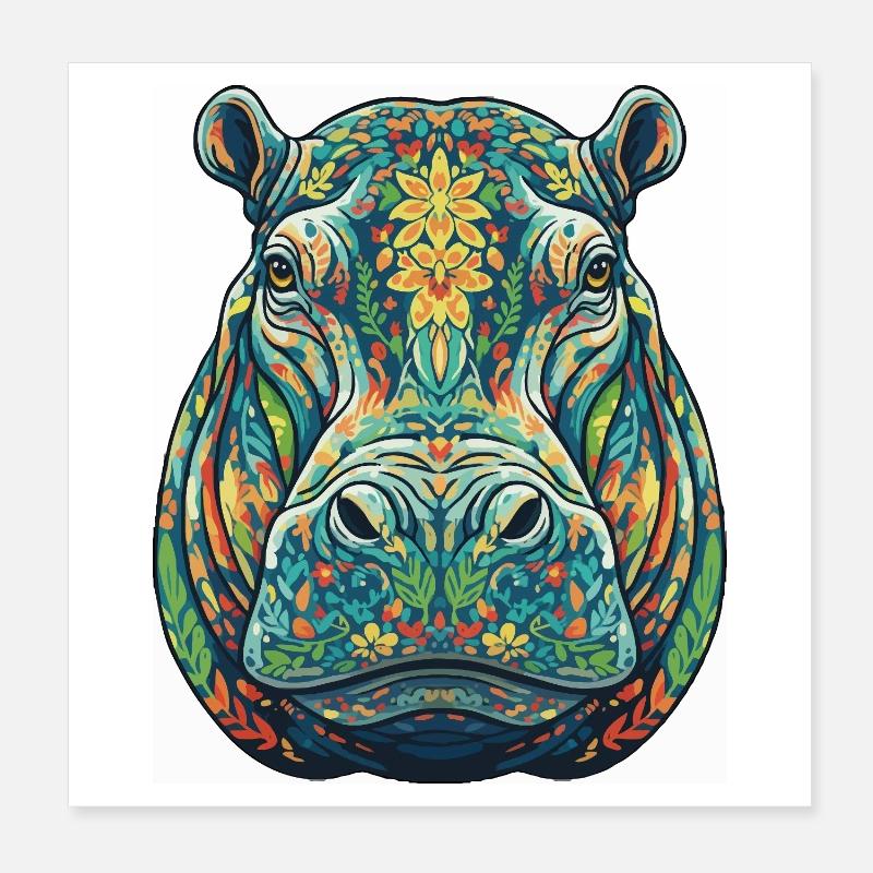 Buntes Nilpferd mit Blumen Poster 20x20 cm
