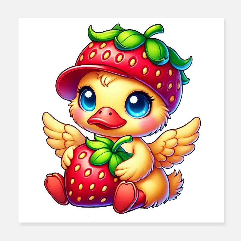 Fruit de dessin animé canard à la fraise mignonne Poster 20 x 20 cm