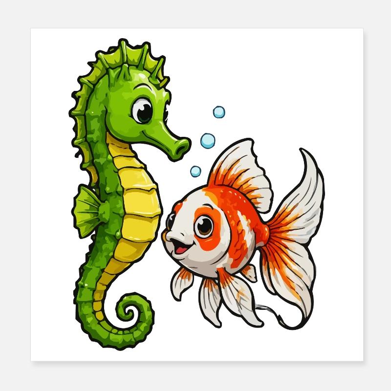 Underwater Friends Seahorse Goldfish Poster 8" x 8" (20x20 cm)