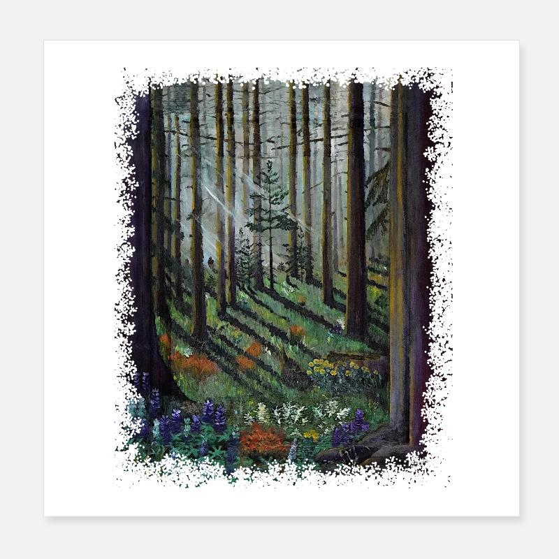 Forêt ensoleillée avec clairière ombragée Poster 20 x 20 cm