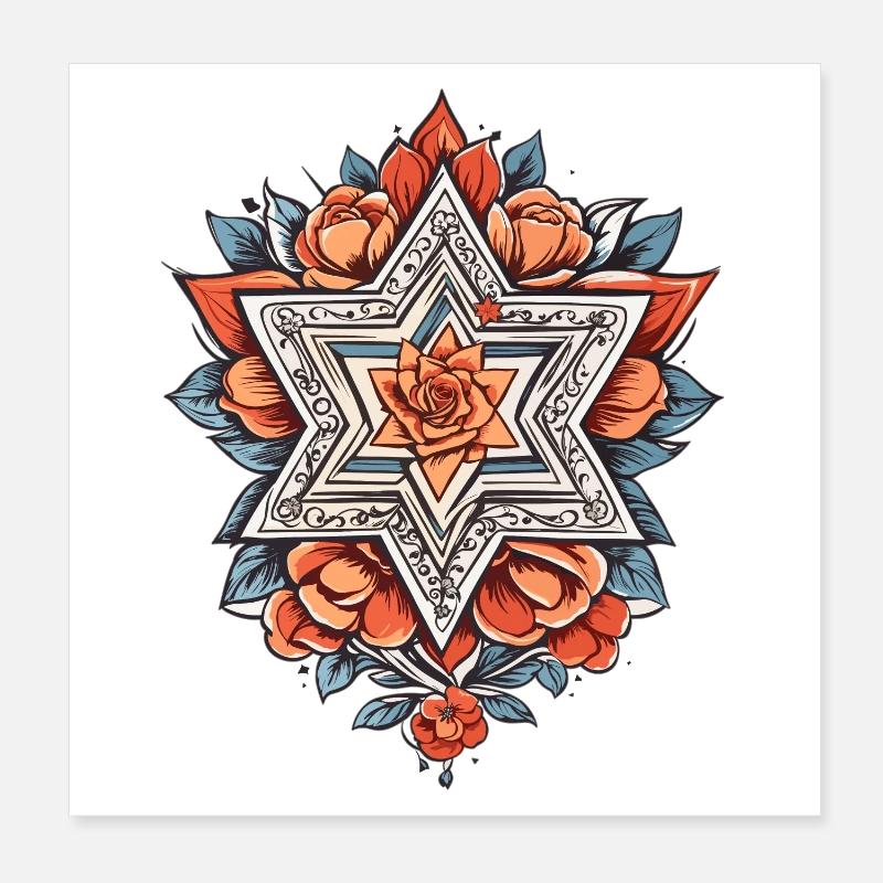 Étoile juive avec des fleurs Poster 20 x 20 cm