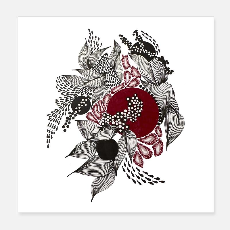 Cercle rouge avec feuilles argentées Poster 20 x 20 cm