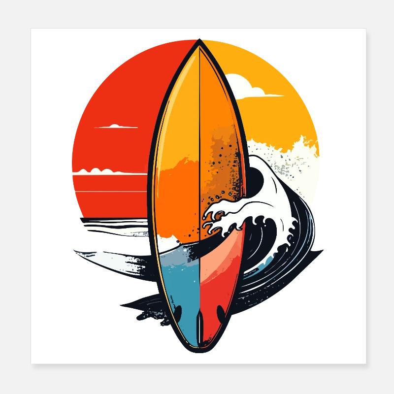 Motif surfeur de vagues rouges de coucher de soleil sur planche de surf Poster 20 x 20 cm