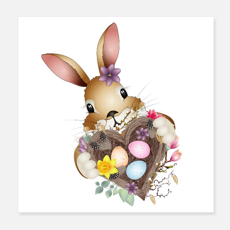 Cute Easter bunny with heart and Easter basket Poster 8" x 8" (20x20 cm)