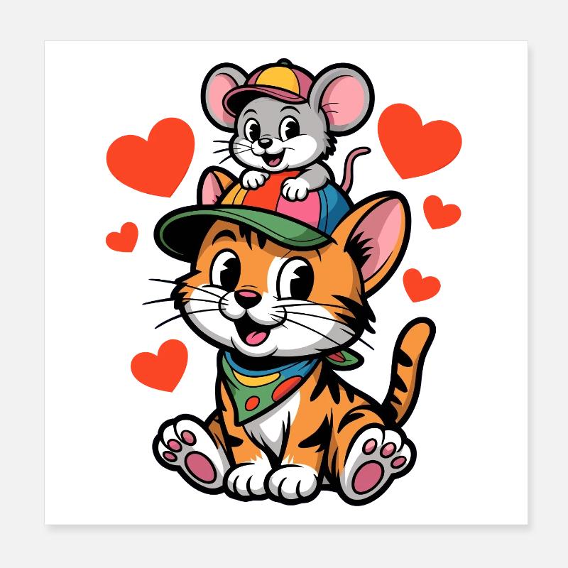 Cute cat and mouse as best friends Poster 8" x 8" (20x20 cm)