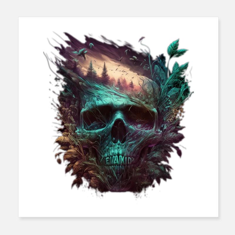 Neon Skull Forest Art Poster 8" x 8" (20x20 cm)