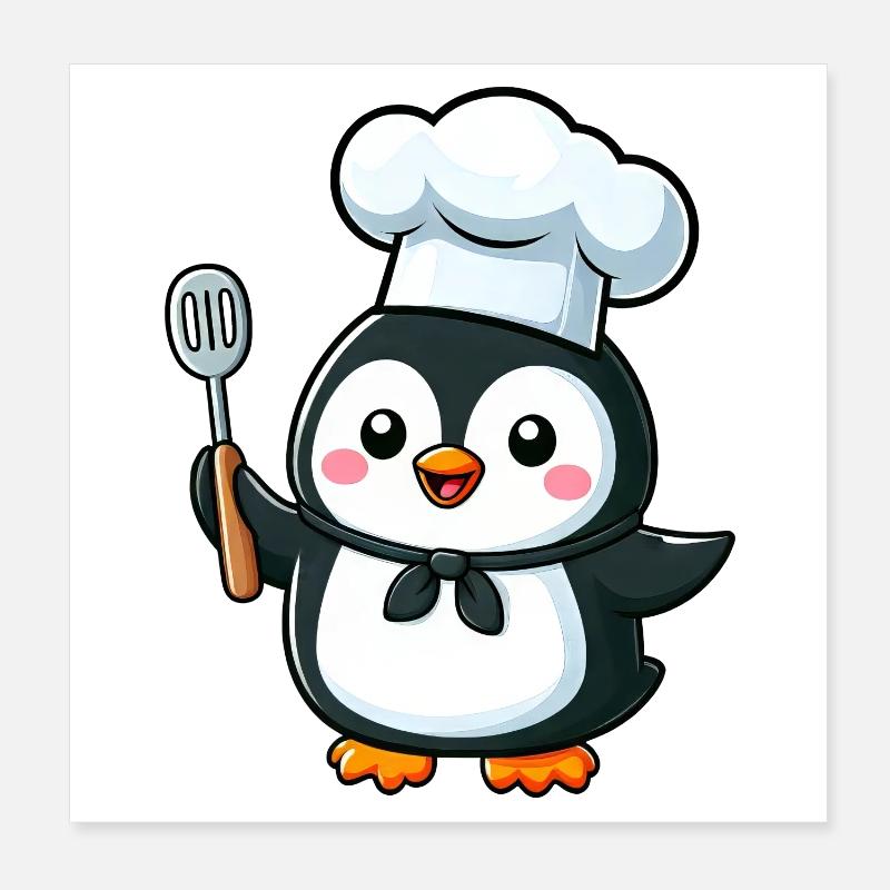 Cute Penguin Chef Cartoon Comic Design Poster 8" x 8" (20x20 cm)