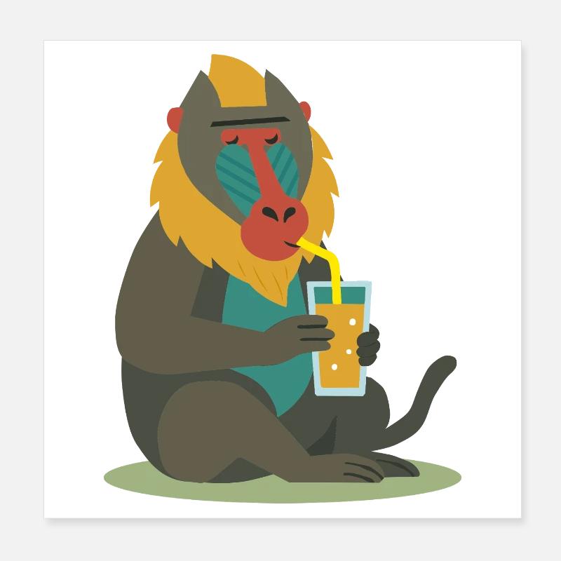 bunter Mandrill genießt entspannt ein Glas Saft Poster 20x20 cm