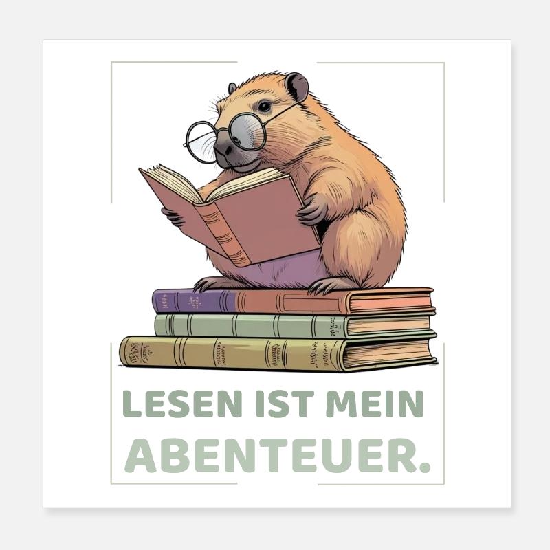 Capybara reading between stacks of books Poster 8" x 8" (20x20 cm)