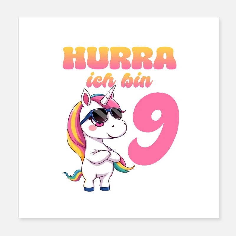 9. Geburtstag - Hurra ich bin 9 - Einhorn Poster 20x20 cm