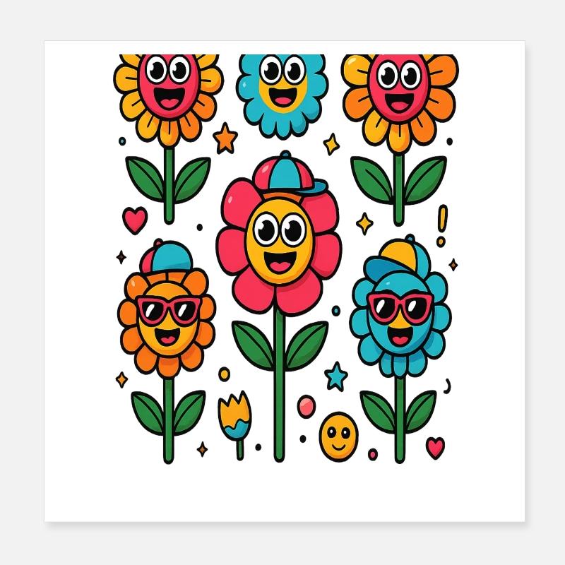 Bunte Blumen mit lachenden Gesichtern Poster 20x20 cm