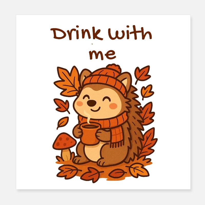 Hérisson d’automne cacao boire feuilles chaudes Design Poster 20 x 20 cm