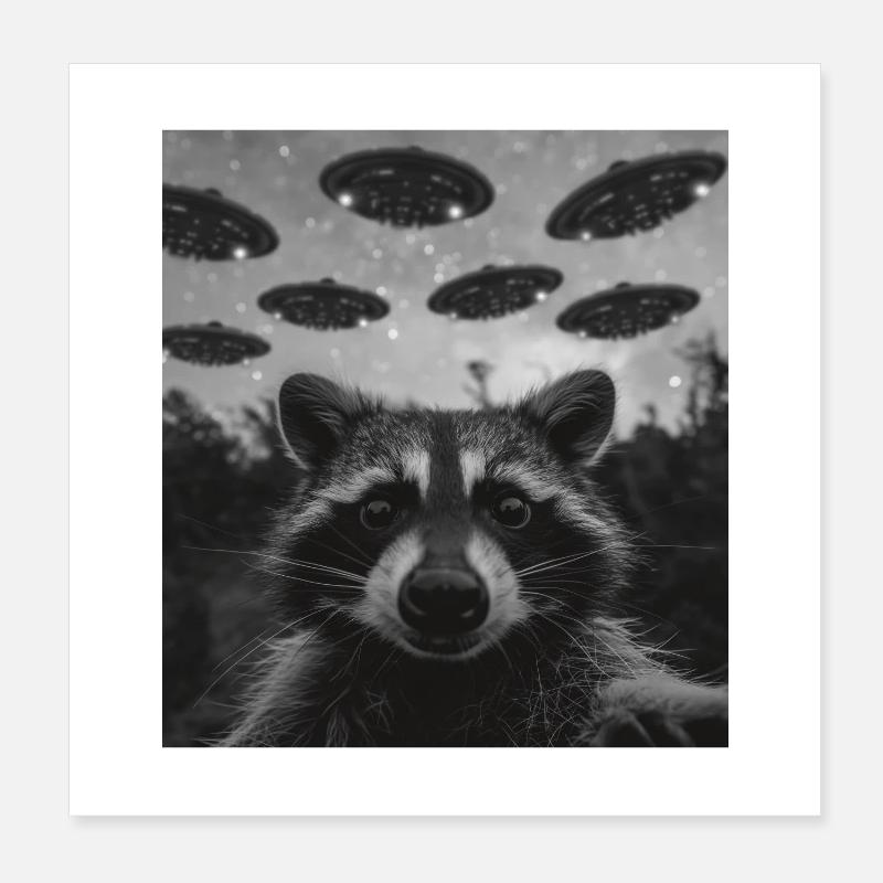 Waschbär Selfie mit Alien UFO Poster 20x20 cm
