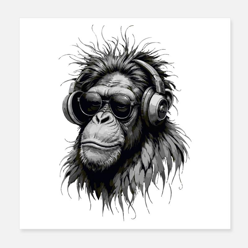 Cool Music Monkey avec casque - Niveaux de gris Poster 20 x 20 cm