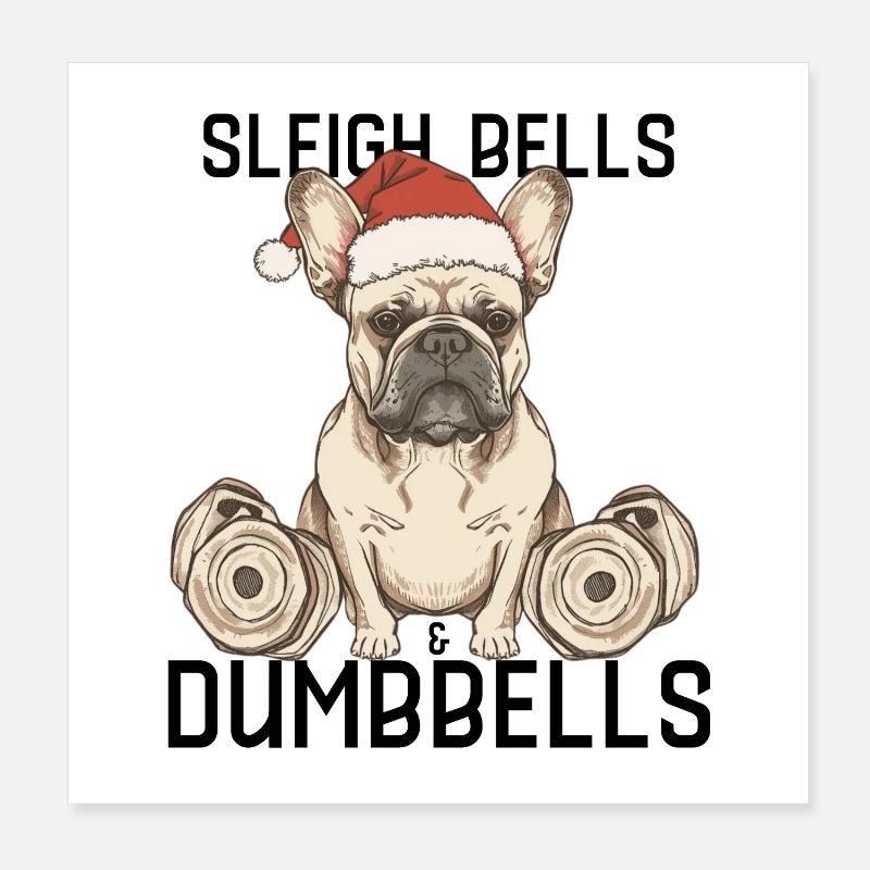 Frenchie Sleigh Bells & Dumbbells Xmas Poster 8" x 8" (20x20 cm)