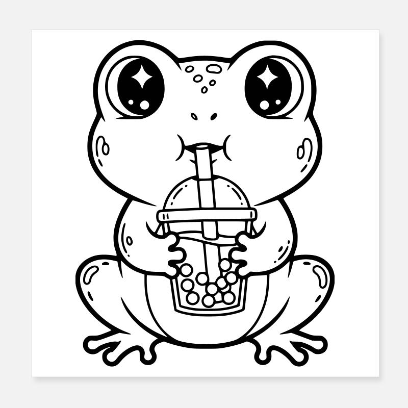 Cute Frog with Bubble Tea Line Art Design Poster 8" x 8" (20x20 cm)