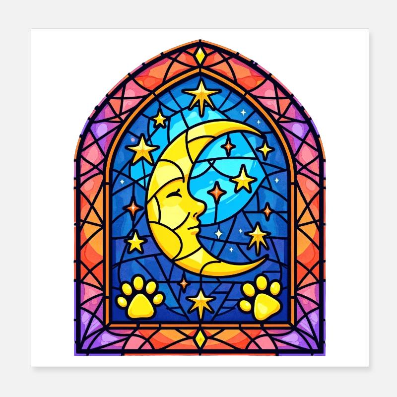 Empreintes mystiques de lune en vitrail et de pattes d’animaux de compagnie Poster 20 x 20 cm