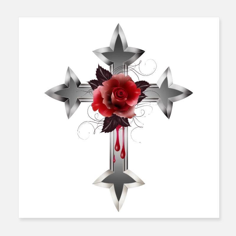 expressive gothic cross with red rose Poster 8" x 8" (20x20 cm)