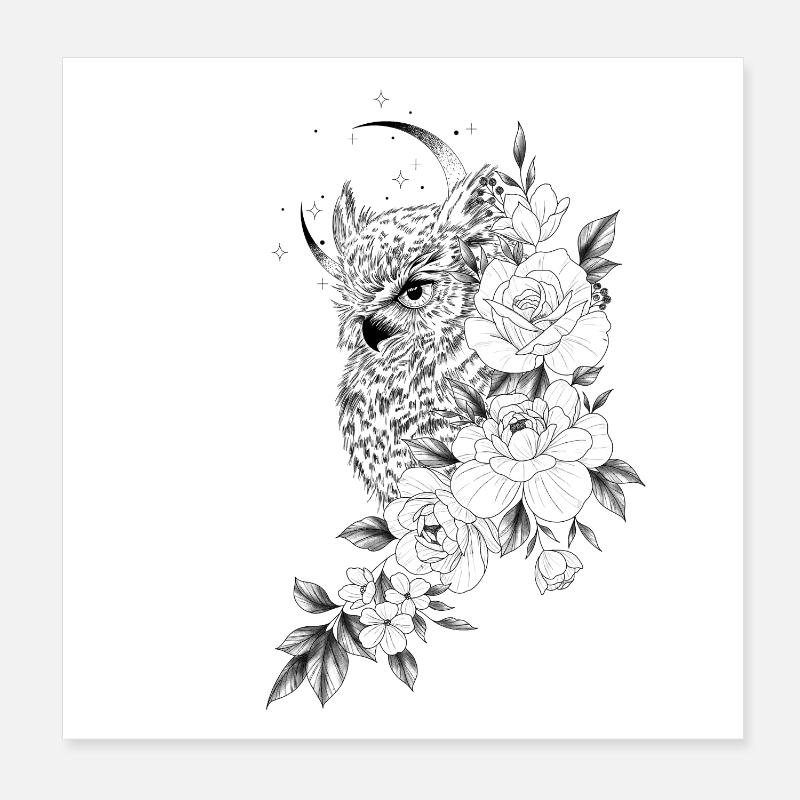 Eule Blumen Pfingstrose Eule Zeichnung Poster 20x20 cm