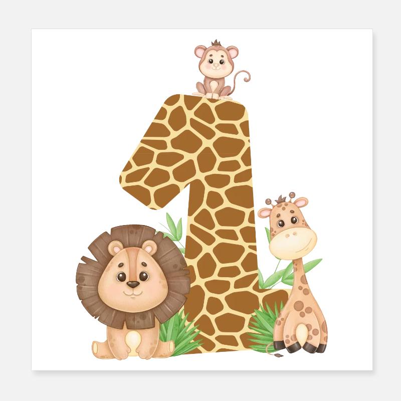 1. Geburtstag Dschungeltiere Giraffe Löwe Affe Poster 20x20 cm