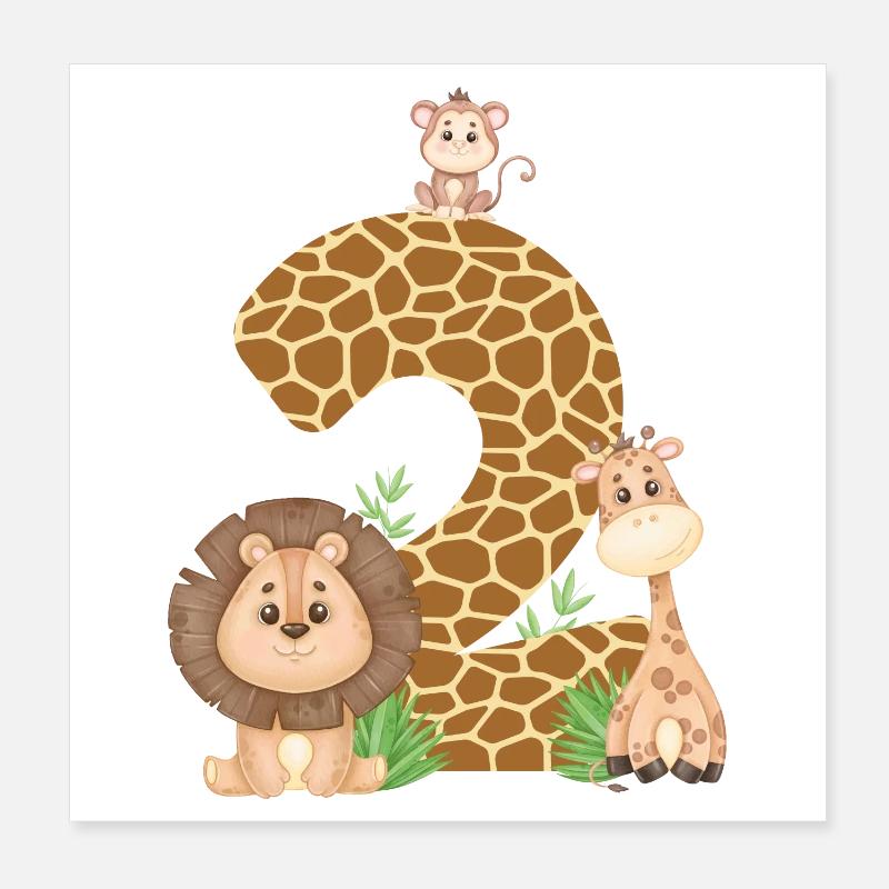 2. Geburtstag Dschungeltiere Giraffe Löwe Affe Poster 20x20 cm
