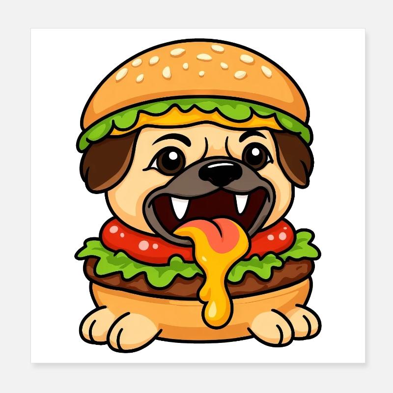 Drôle de carlin avec burger cheeseburger restauration rapide Poster 20 x 20 cm