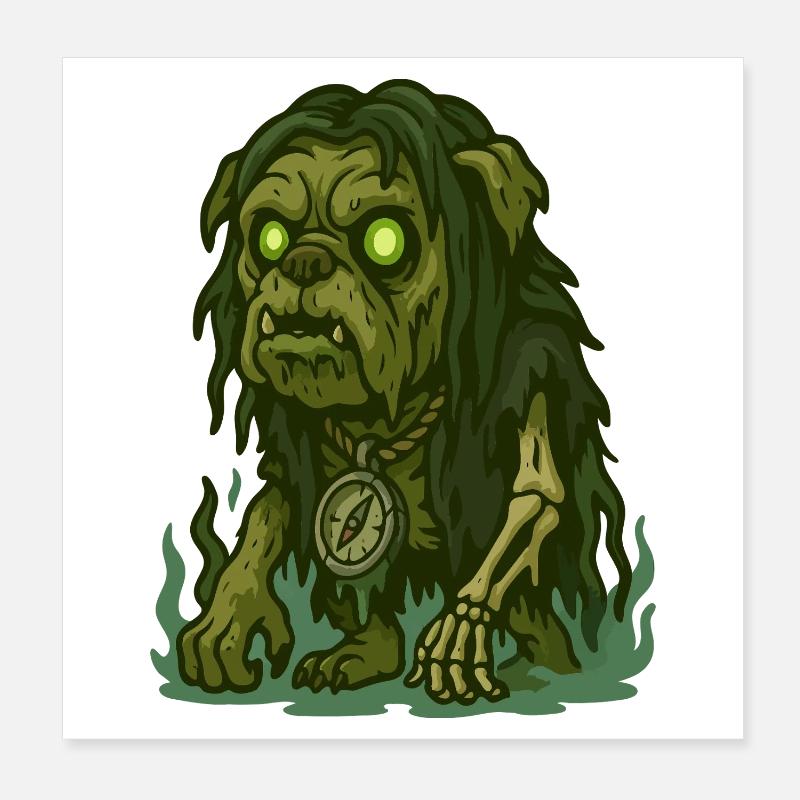 Zombie Bulldog with Glowing Eyes and Compass Poster 8" x 8" (20x20 cm)